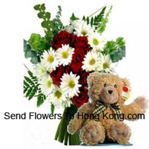 Rozen en Gerbera's met 12 Inch Teddy