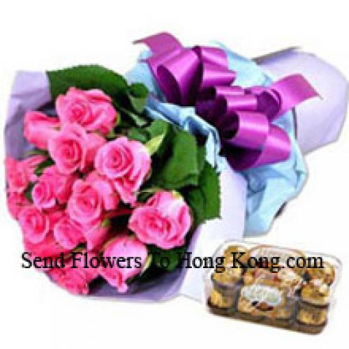 12 Pink Roses mit leckeren 16 Stk. Ferrero Rochers