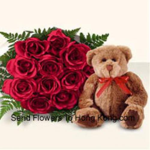 12 Rote Rosen mit niedlichem braunen Teddy