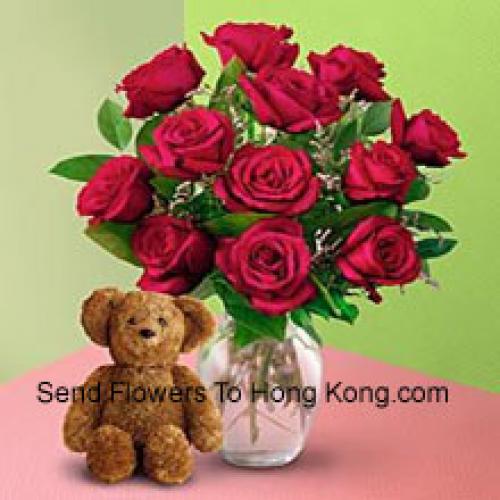 12 Roses in Vase with Teddy