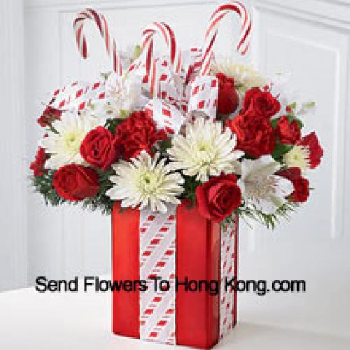 Roses, Mums, Carnations with Greens in Vase